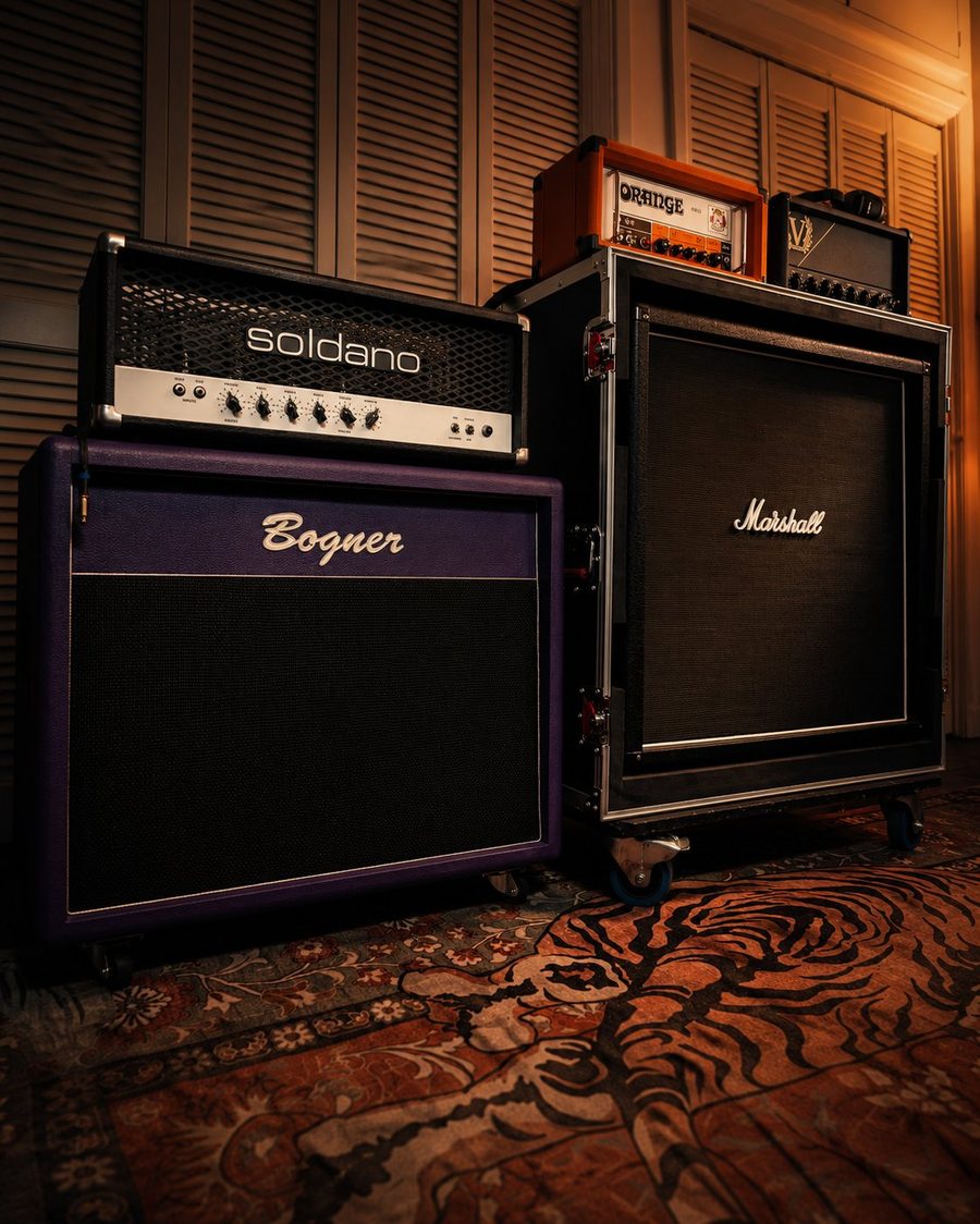 Amp stack at Bad Art — Soldano, Bogner, Marshall, Orange