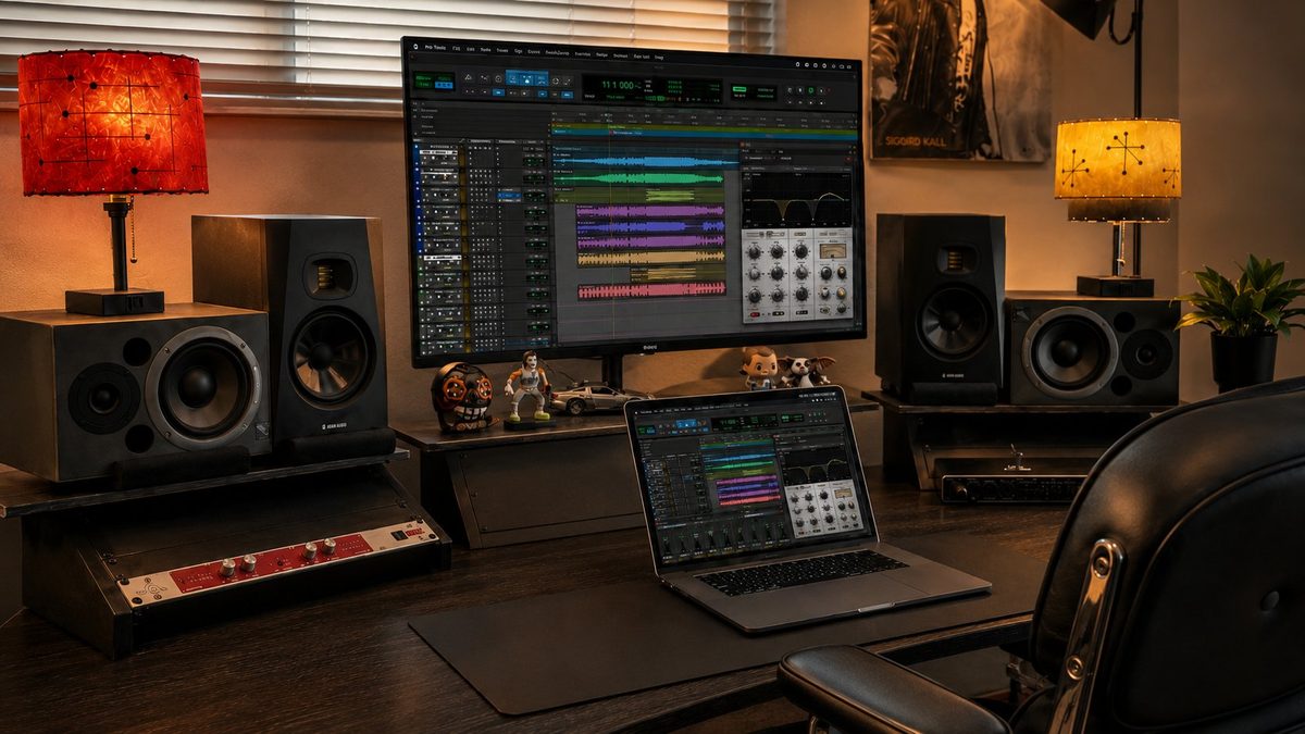 A mix in progress on the studio monitors — Pro Tools up, the room lit low