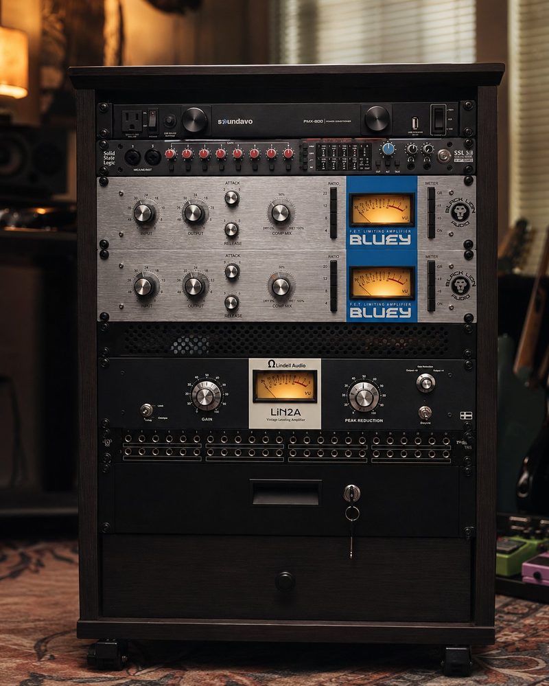 The mastering chain — SSL, Black Lion, and Lindell outboard, racked and wired