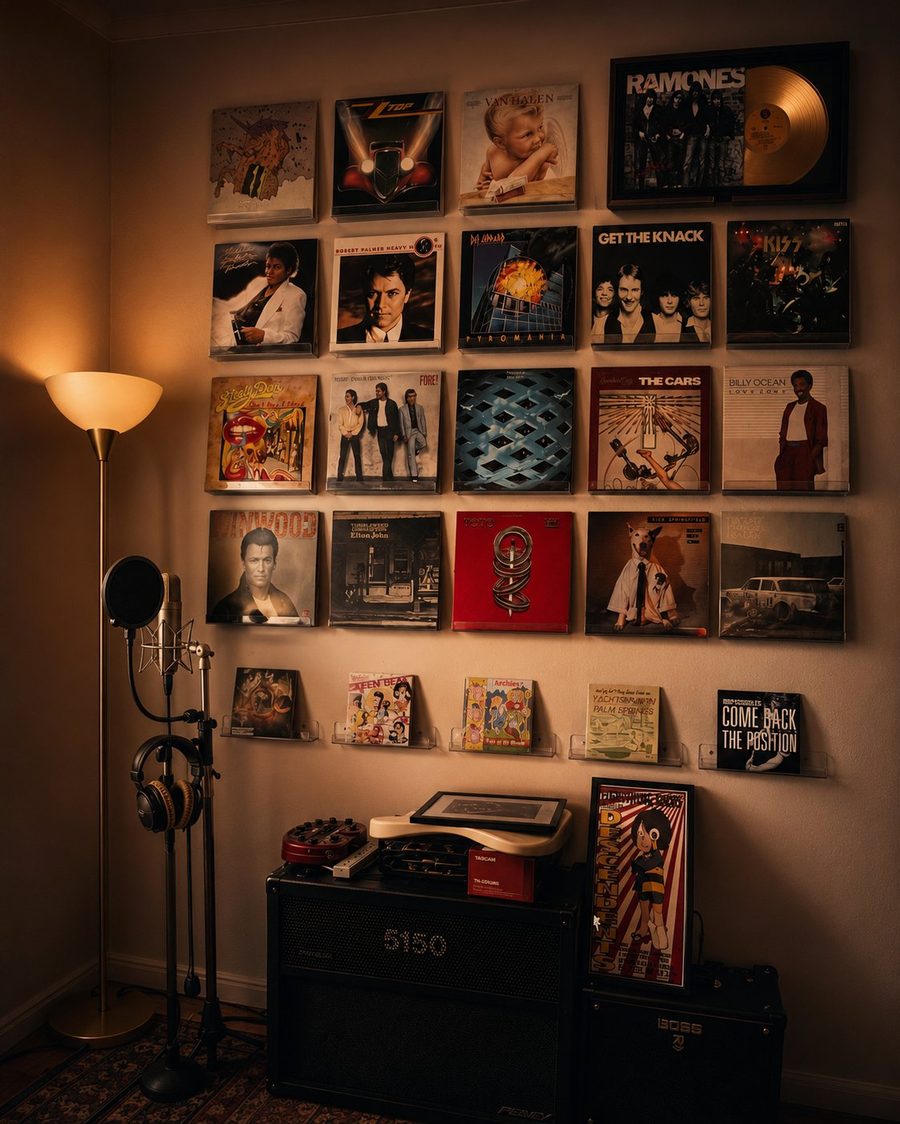 A wall of records at the studio — Ramones, Van Halen, ZZ Top